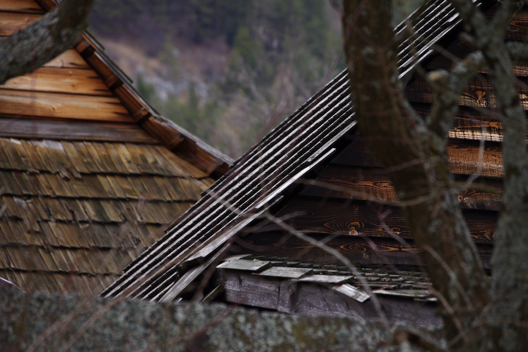 Vlkolinec wooden village under Sidorovo, log houses on the slope